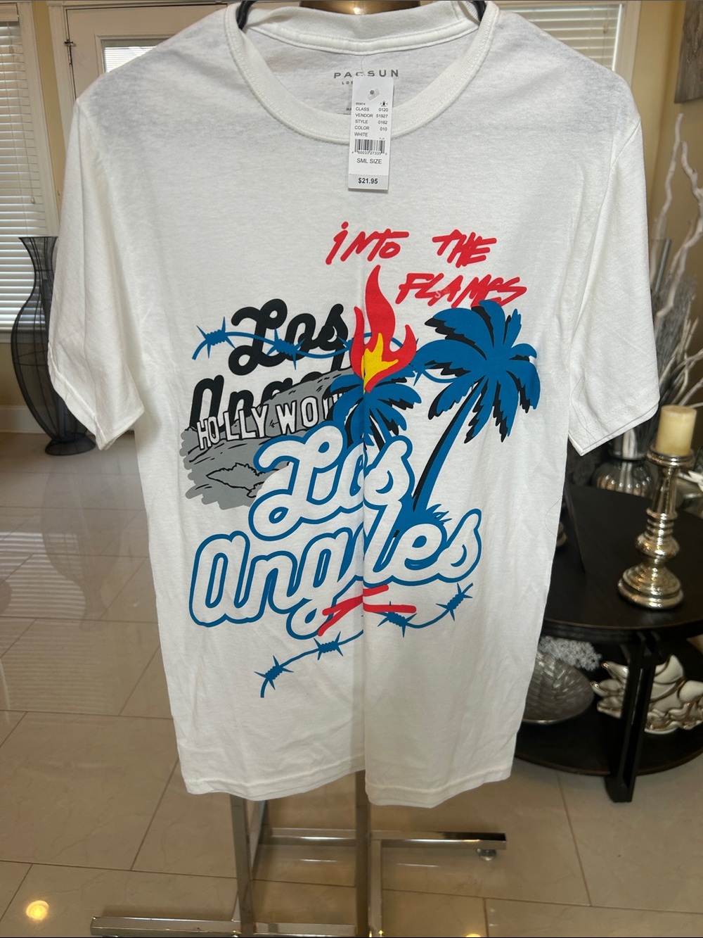 PacSun White Los Angeles Graphic Tee with Blue Palms and Red Flame